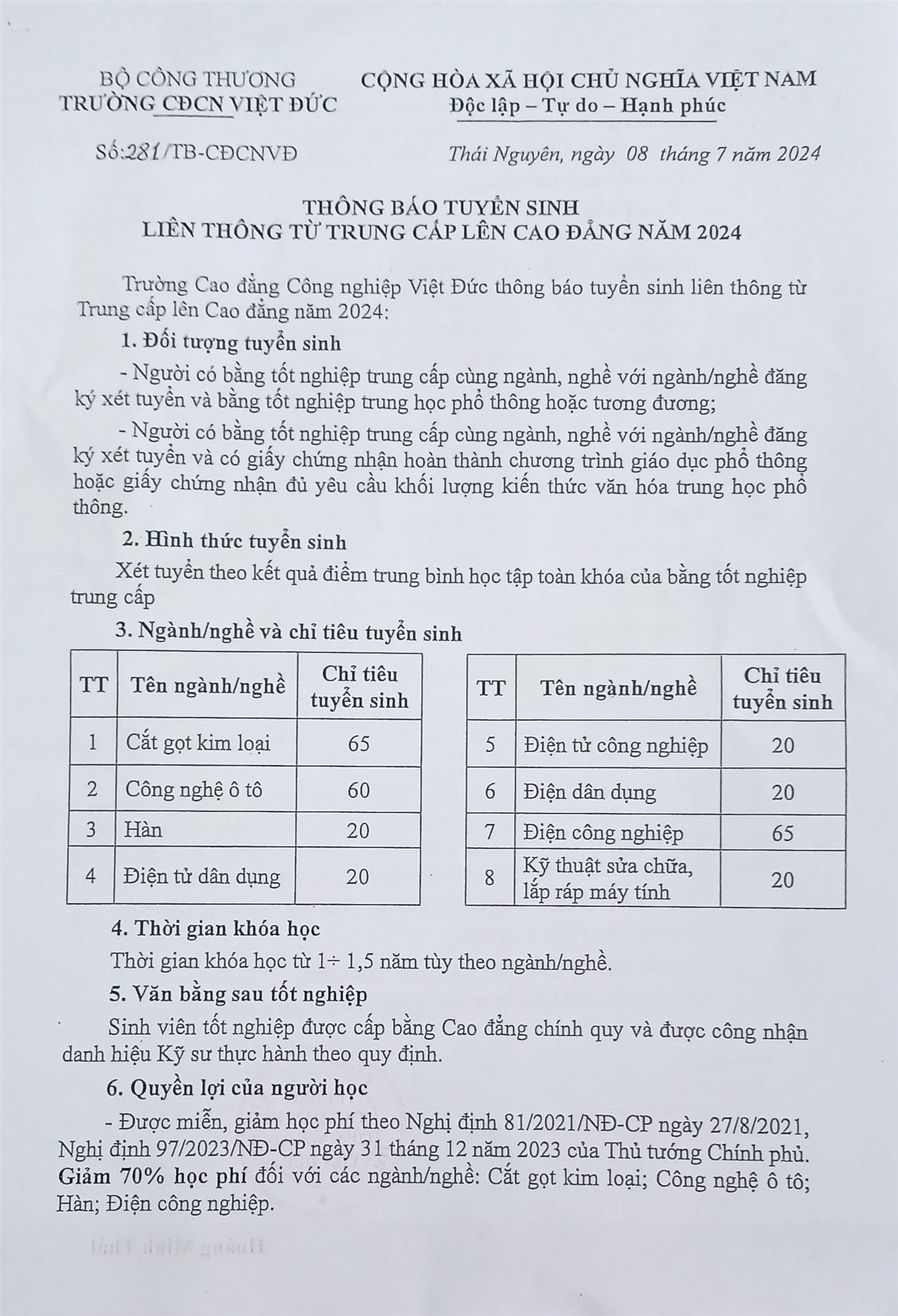 Thông báo Tuyển sinh liên thông từ Trung cấp lên Cao đẳng năm 2024