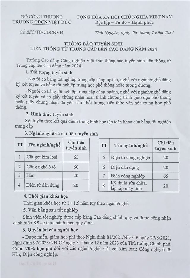 Thông báo Tuyển sinh liên thông từ Trung cấp lên Cao đẳng năm 2024